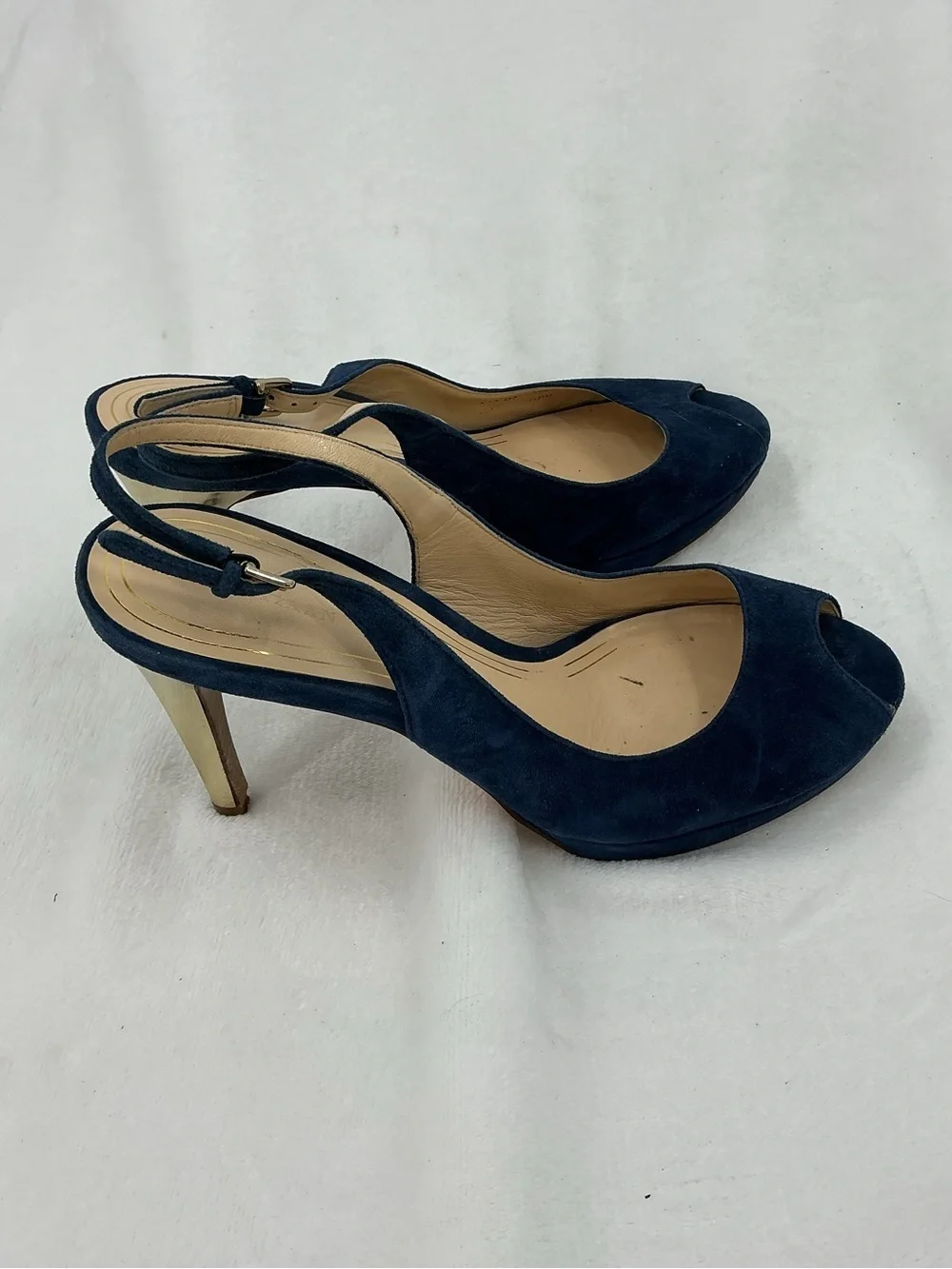 Cole Haan Navy Suede Peep-Toe Slingback Heels b59